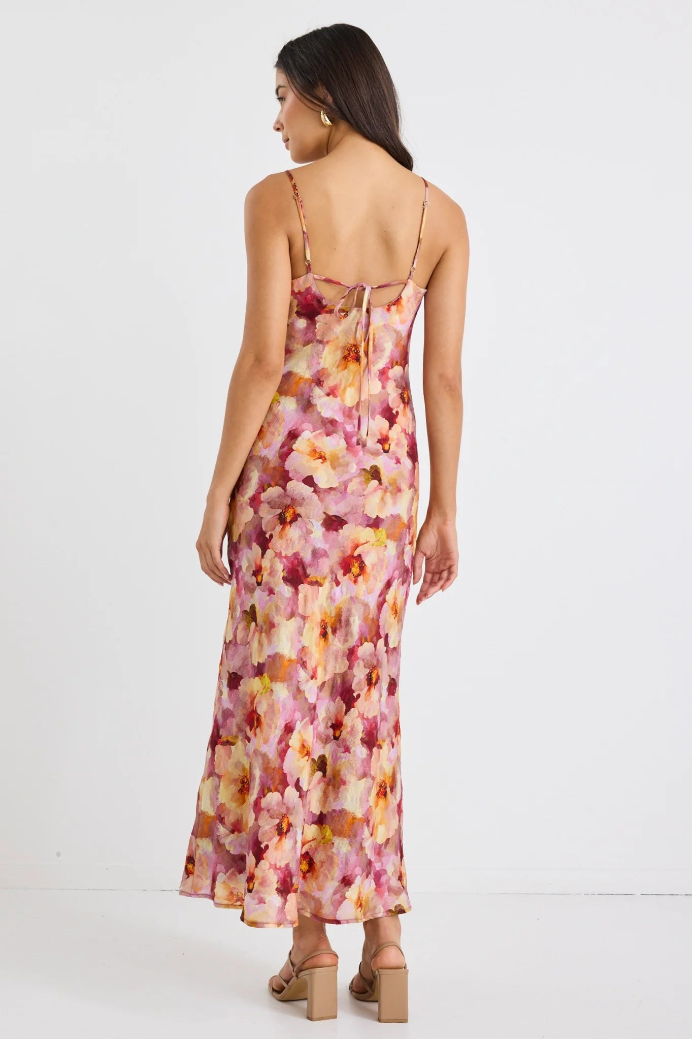 Lavish Pink Multi Floral Tie Back Bias Slip Dress