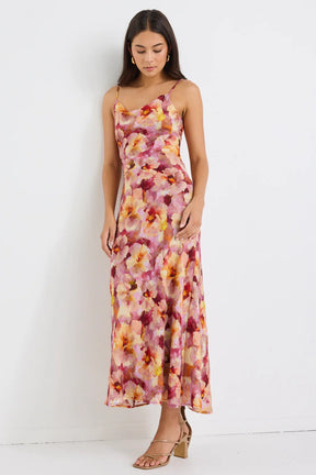 Lavish Pink Multi Floral Tie Back Bias Slip Dress