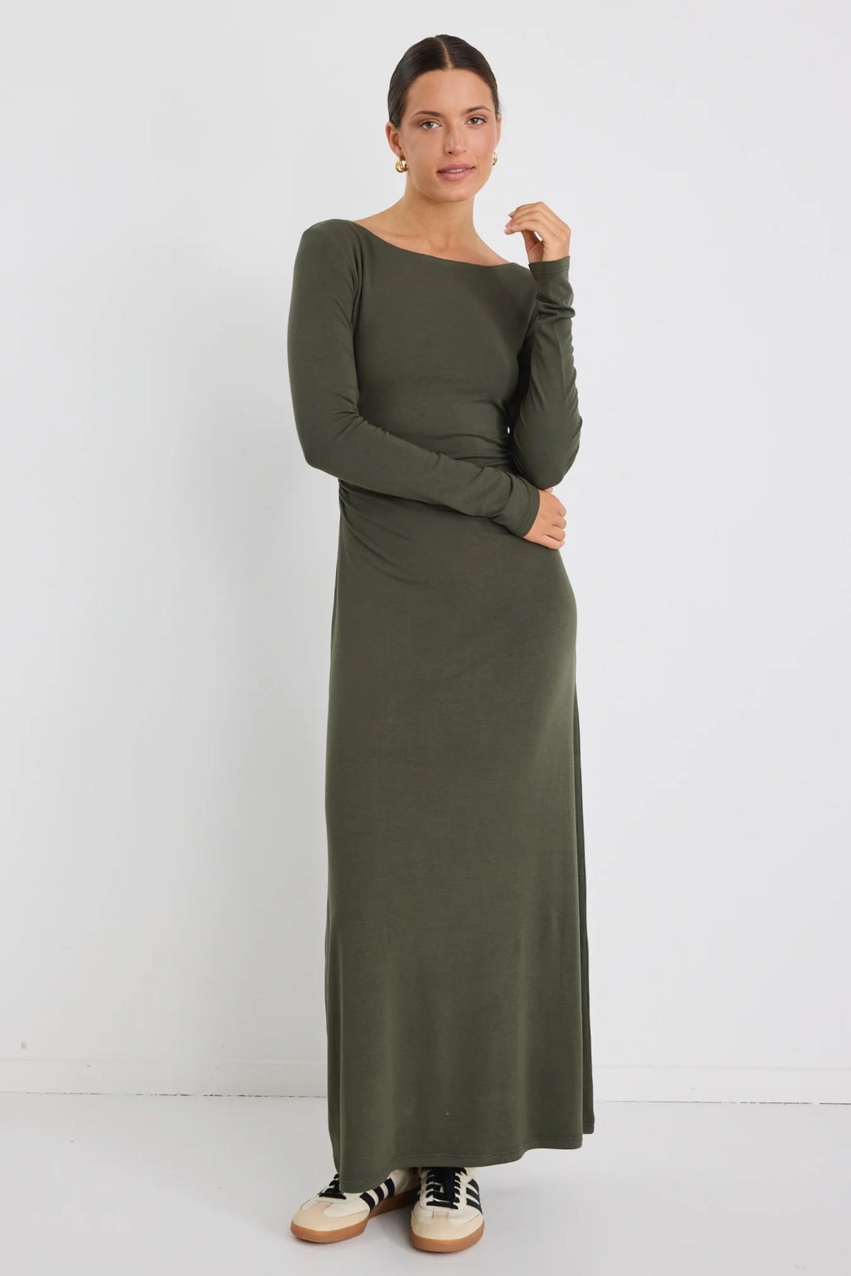 Location Khaki Jersey LS Wide Neck Midi Dress
