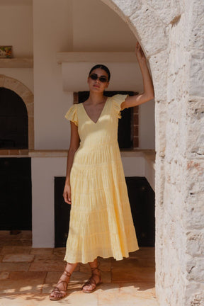 Marley Butter Flutter Sleeve V Neck Tiered Maxi Dress