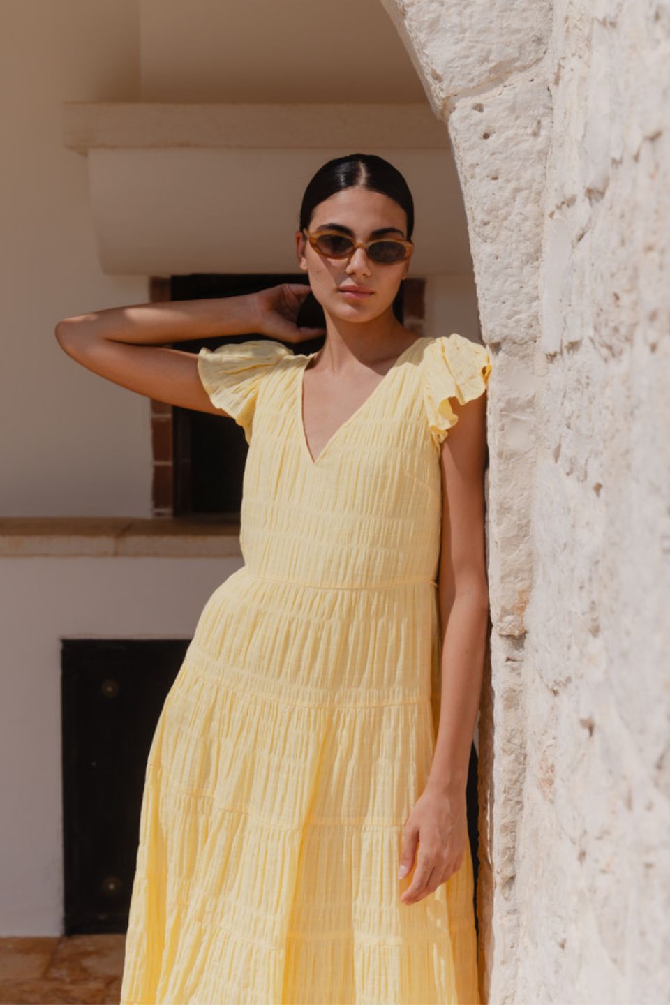 Marley Butter Flutter Sleeve V Neck Tiered Maxi Dress