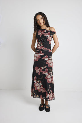 Method Blush Floral Mesh Twist Shoulder Midi Dress