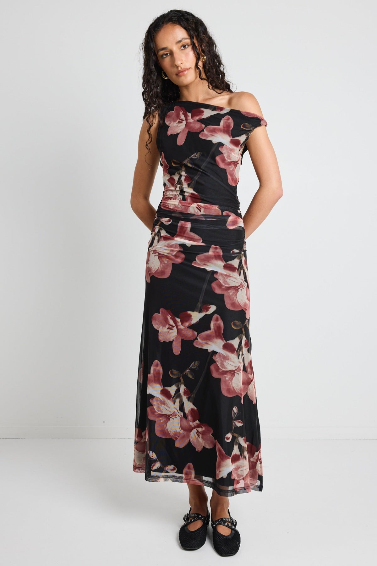 Method Blush Floral Mesh Twist Shoulder Midi Dress