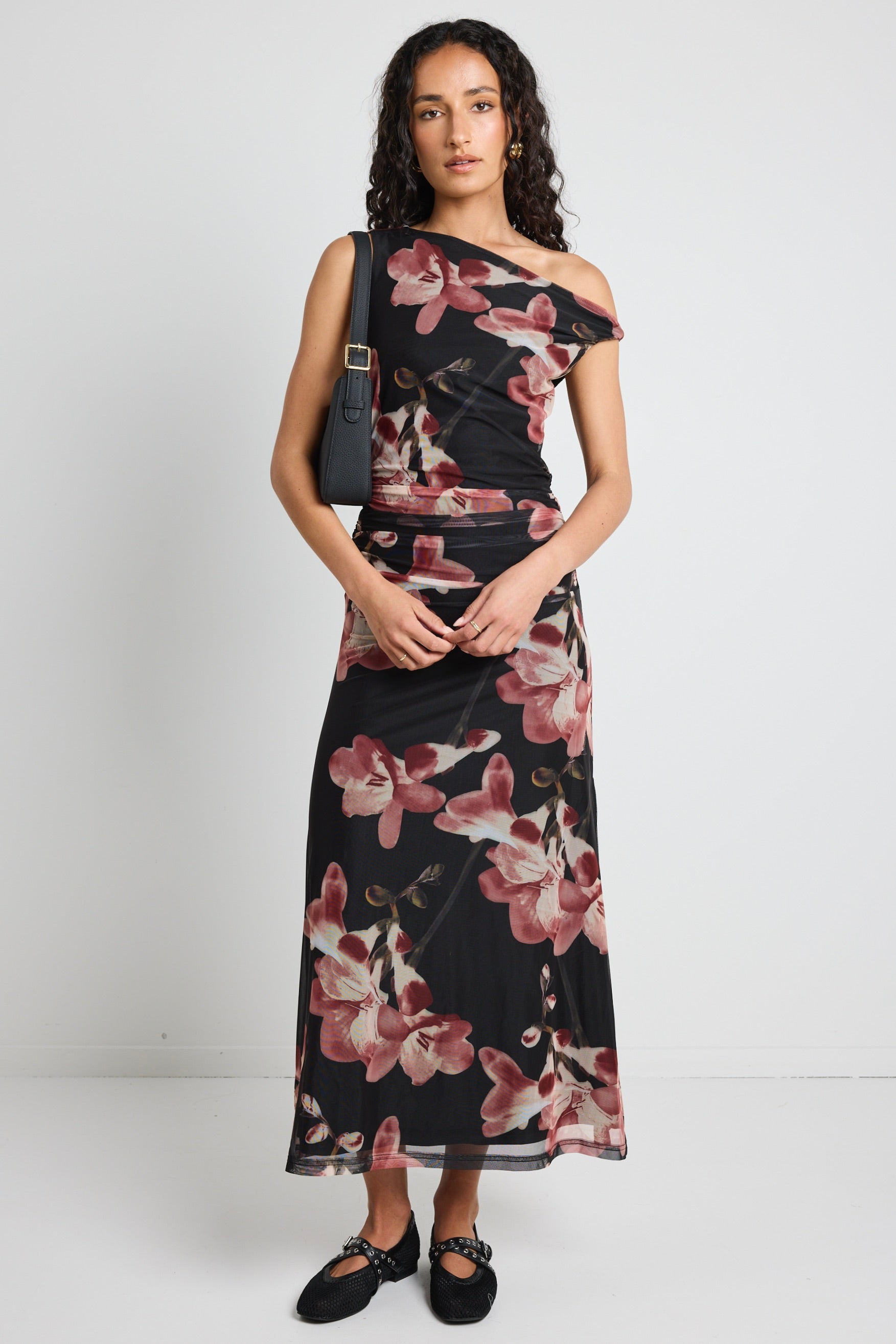 Method Blush Floral Mesh Twist Shoulder Midi Dress