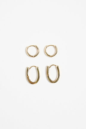 Oblong Hoop Huggie Set Gold Earrings