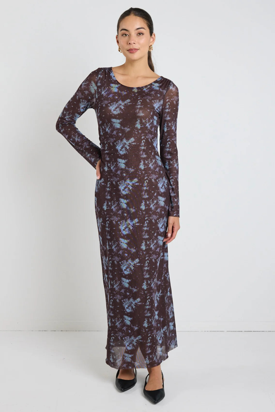 Promenade Chocolate Tie Dye Mesh Long Sleeve Midi Dress