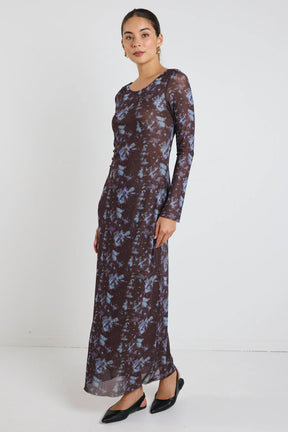 Promenade Chocolate Tie Dye Mesh Long Sleeve Midi Dress