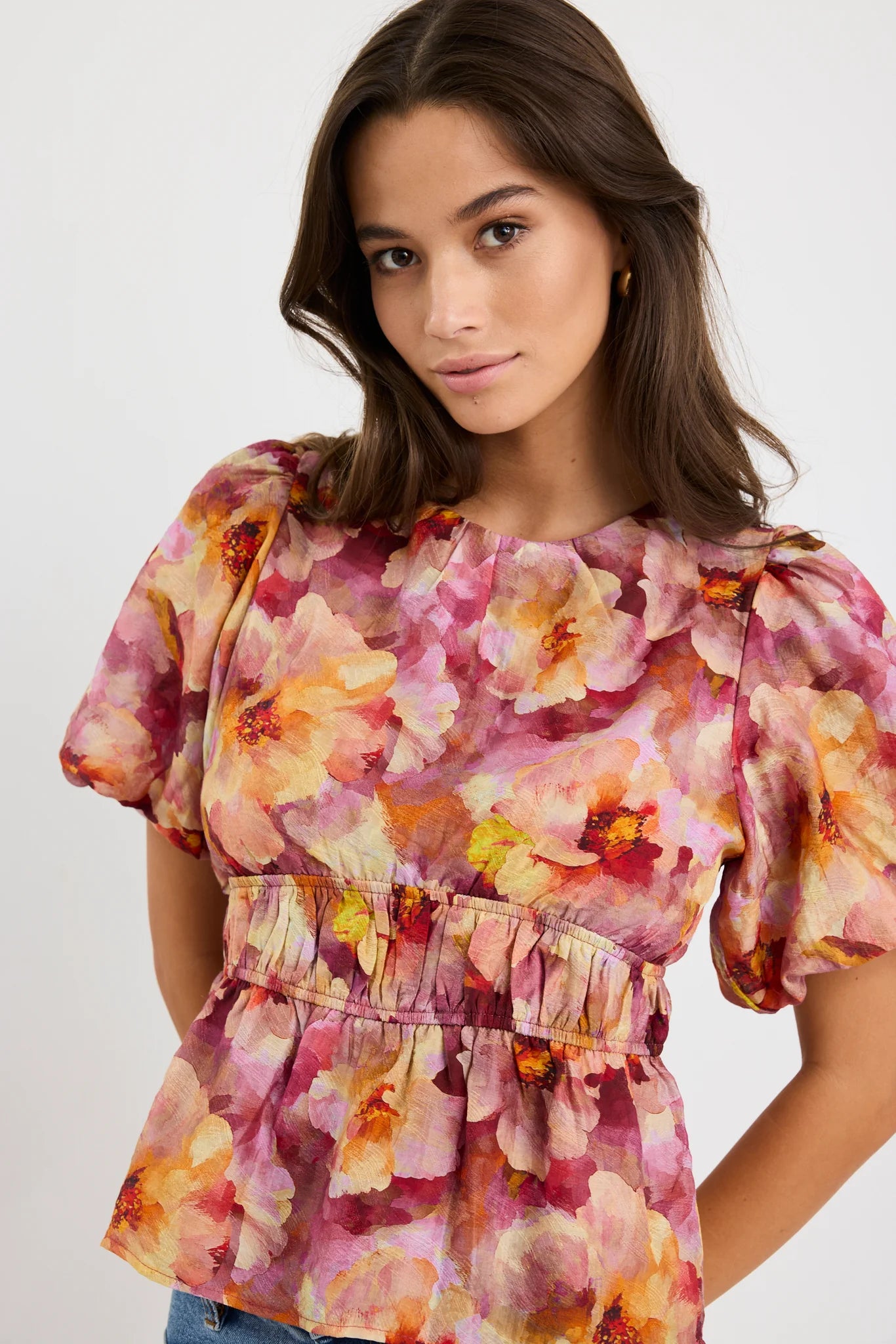 Provoke Pink Multi Floral Bubble Sleeve Top