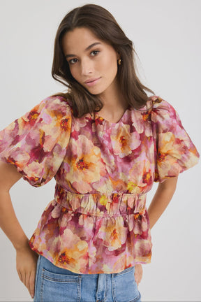 Provoke Pink Multi Floral Bubble Sleeve Top