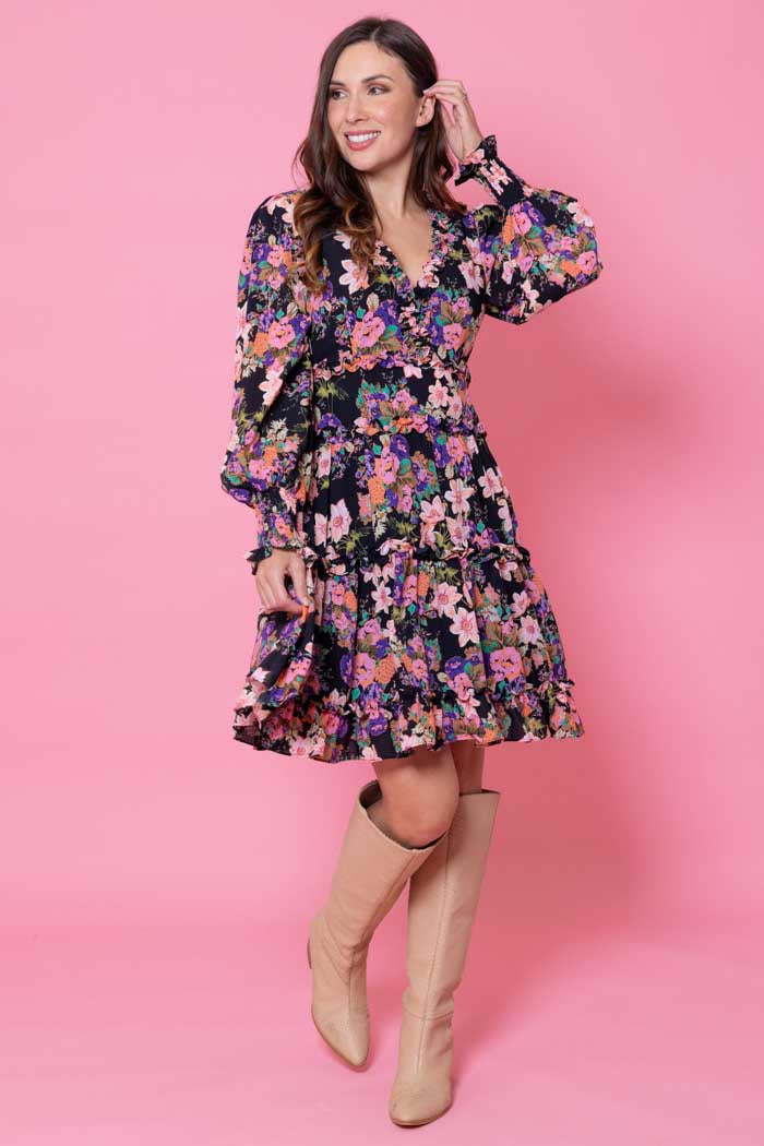 RHIANNON DRESS FLURO FLORAL BLACK