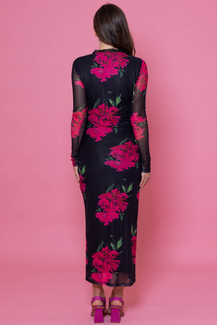 ARIANA MAXI MESH DRESS BLACK FLORAL