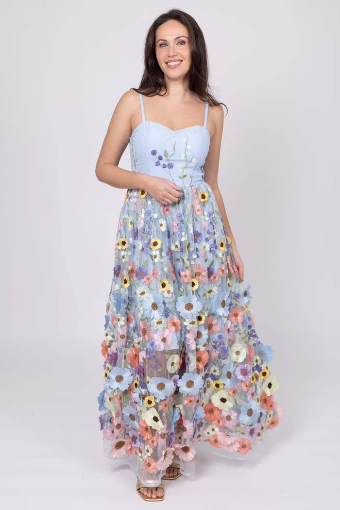 SAVANNAH EMBROIDERED LACE MAXI DRESS BLUE
