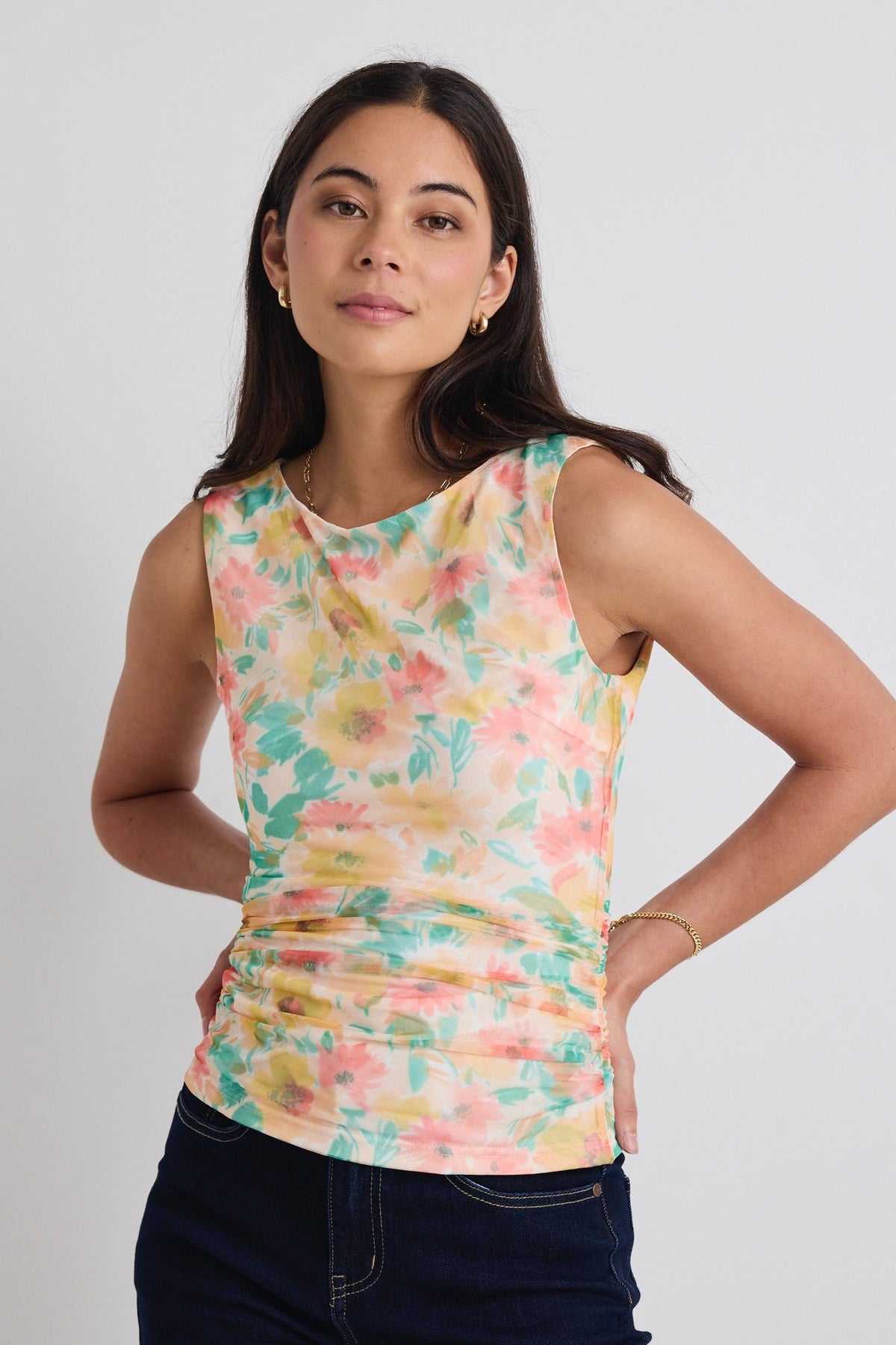 Rapid Golden Floral Mesh Gathered Side Sleeveless Top