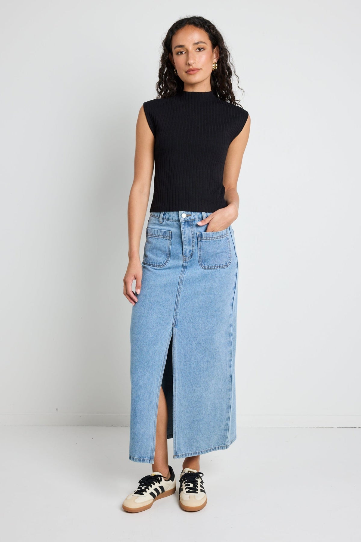 Zoey Sea Blue Pocket Front Denim Midi Skirt