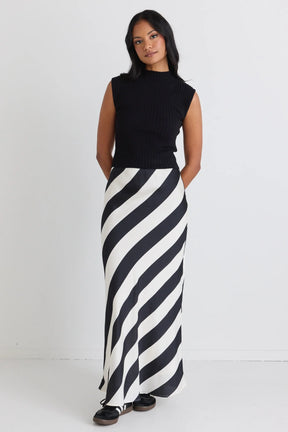 Fiery Black Stripe Satin Bias Maxi Skirt