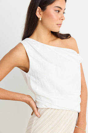 Revered Ivory Linen Blend Off Shoulder Sleeveless Top