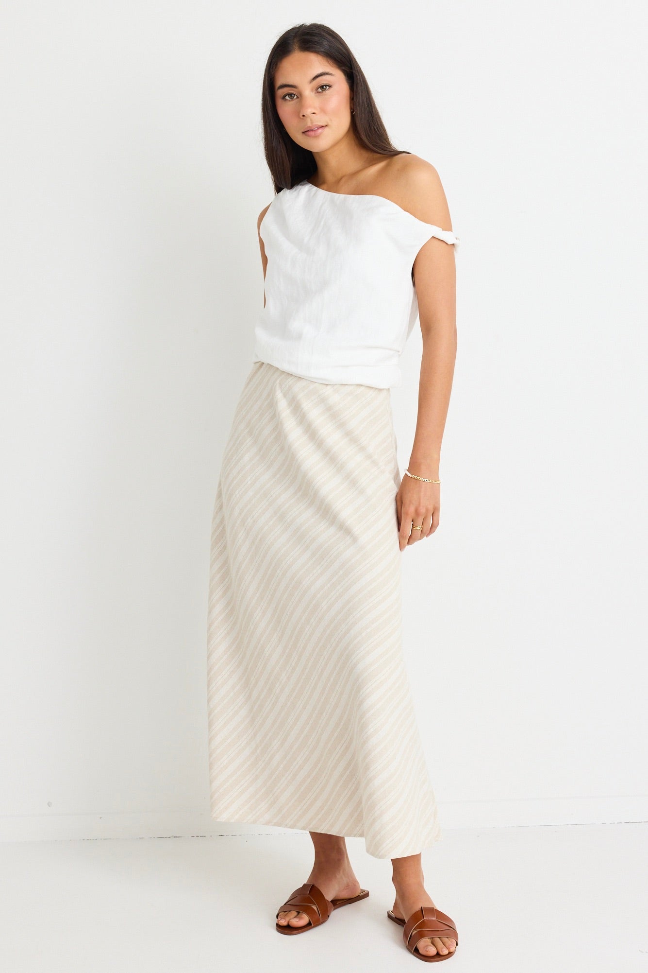 Revered Ivory Linen Blend Off Shoulder Sleeveless Top