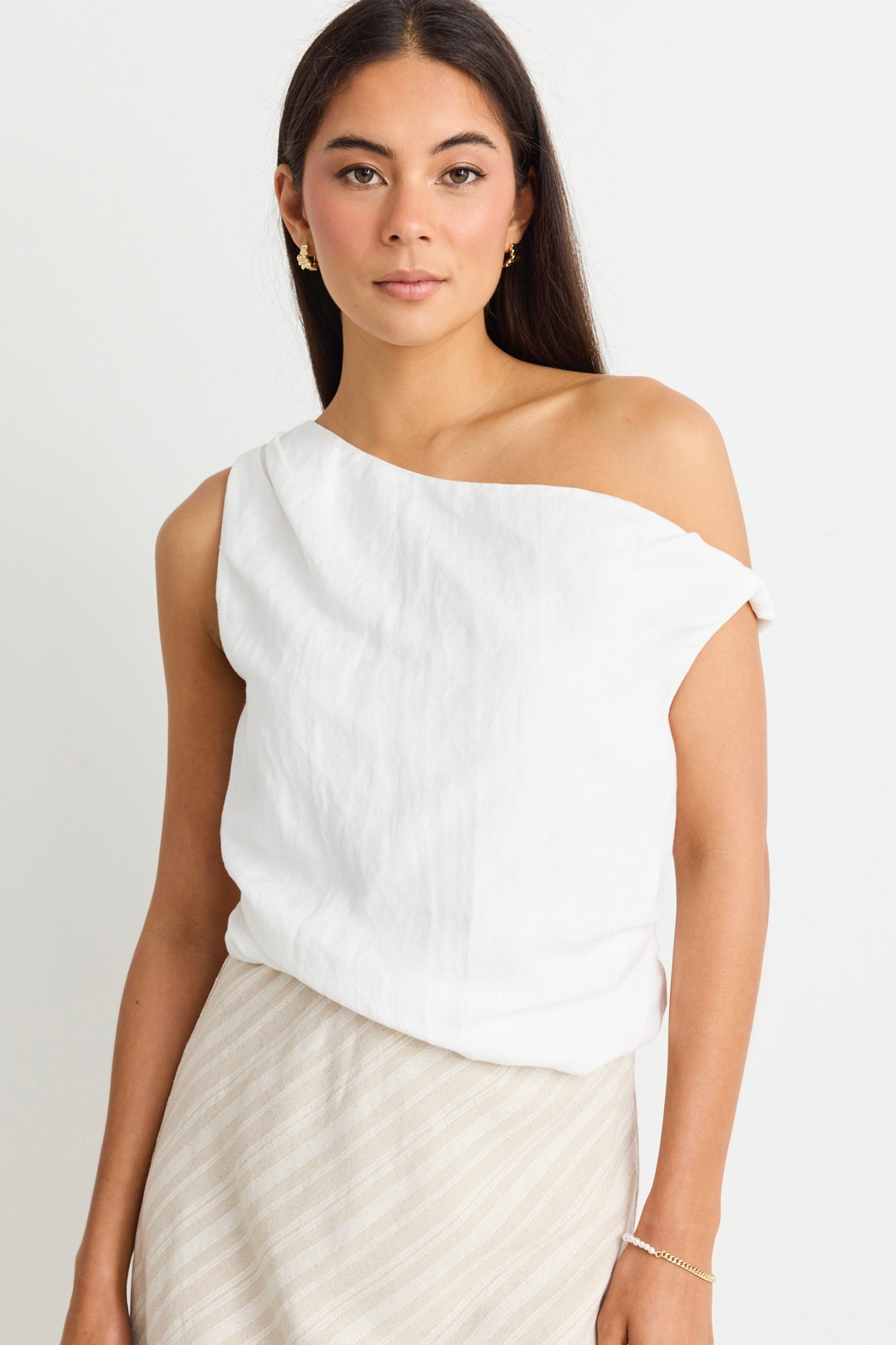 Revered Ivory Linen Blend Off Shoulder Sleeveless Top