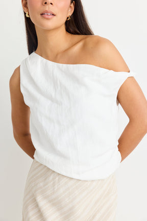 Revered Ivory Linen Blend Off Shoulder Sleeveless Top