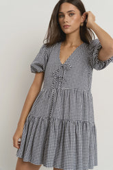 Roam Navy Gingham Puff Sleeve Tie Front Mini Dress