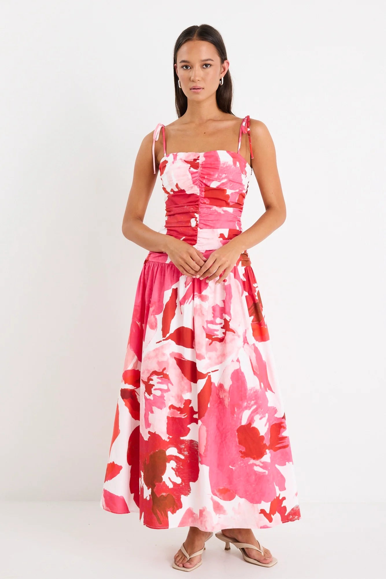 Royalty White Poppy Floral Stretch Cotton Pleated Maxi Dress Regular Price