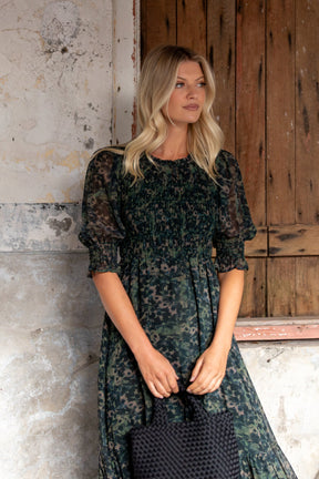 Showcase Khaki Ditsy Print Georgette Puff Sleeve Tiered Maxi Dress