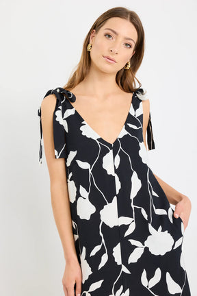 Spontaneous Black and White Floral Tie Shoulder Relaxed Midi Dress