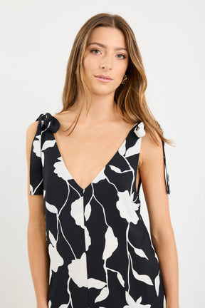 Spontaneous Black and White Floral Tie Shoulder Relaxed Midi Dress