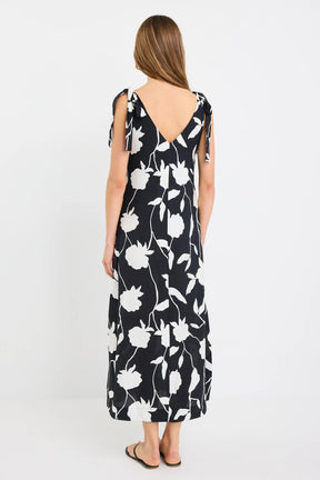 Spontaneous Black and White Floral Tie Shoulder Relaxed Midi Dress