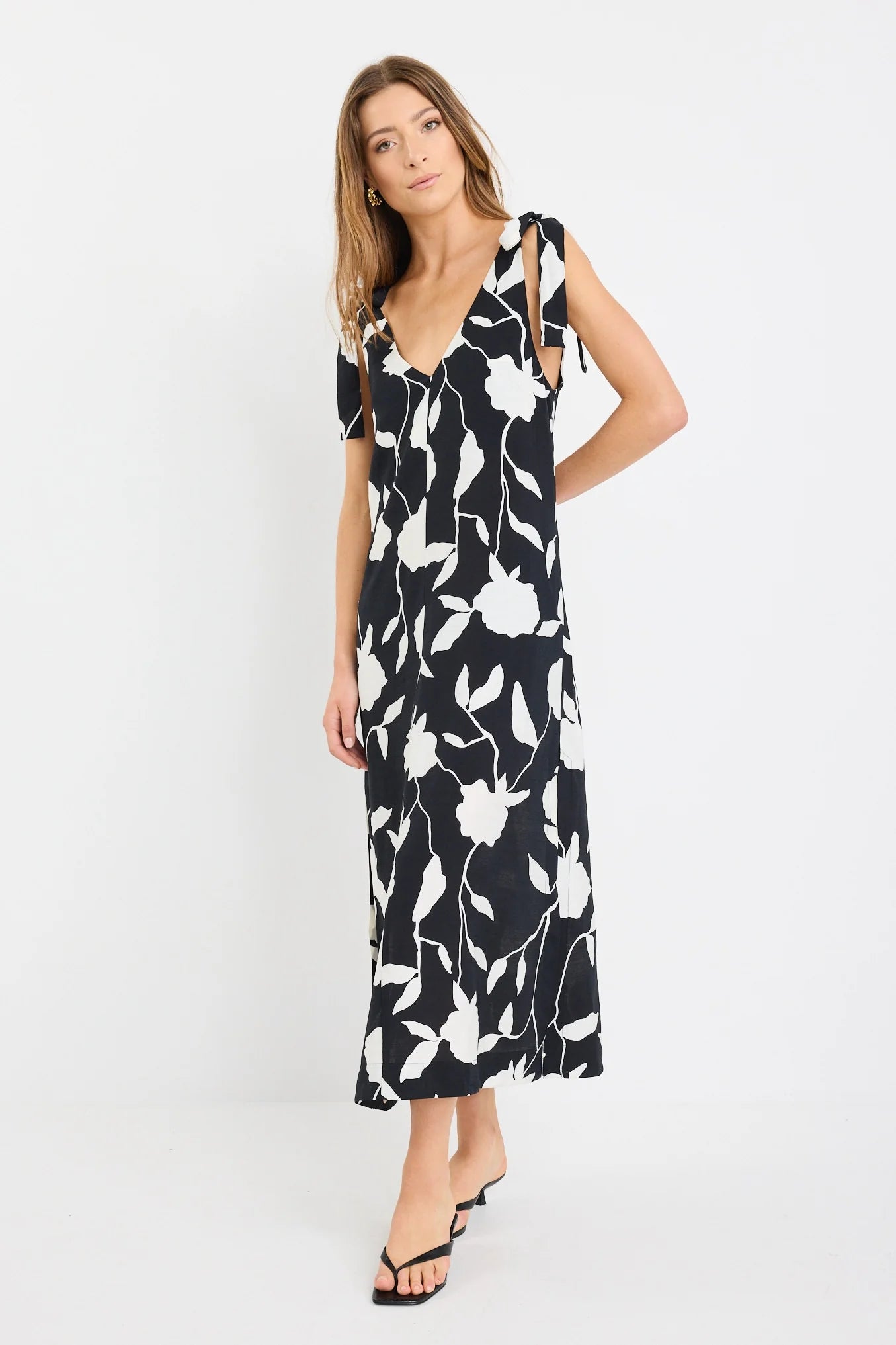 Spontaneous Black and White Floral Tie Shoulder Relaxed Midi Dress