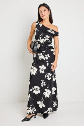 Spotlight Black Floral Satin Off Shoulder Flare Midi Dress