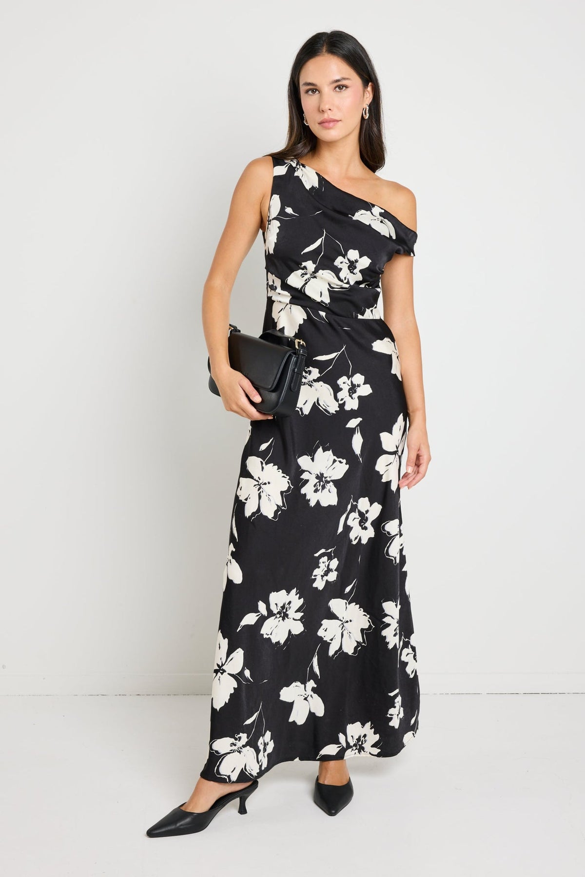 Spotlight Black Floral Satin Off Shoulder Flare Midi Dress