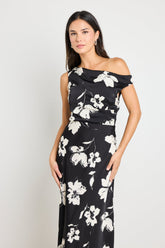 Spotlight Black Floral Satin Off Shoulder Flare Midi Dress