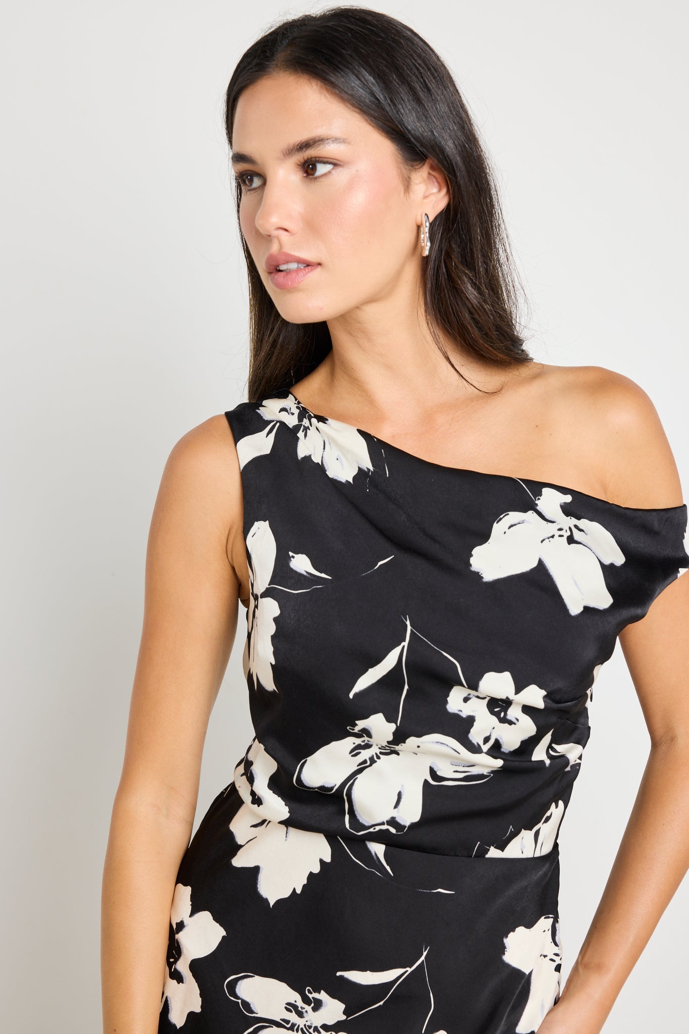 Spotlight Black Floral Satin Off Shoulder Flare Midi Dress