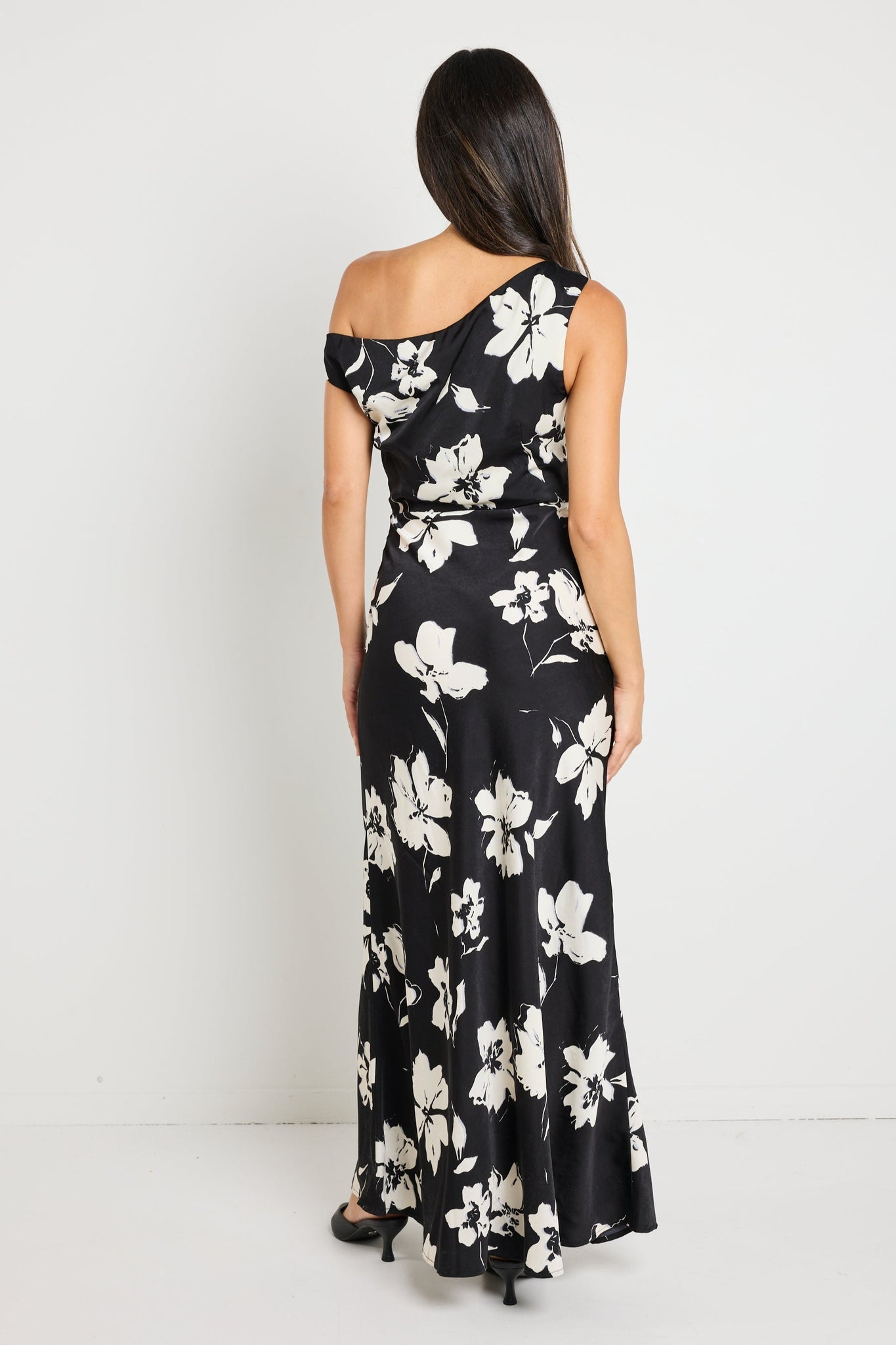 Spotlight Black Floral Satin Off Shoulder Flare Midi Dress