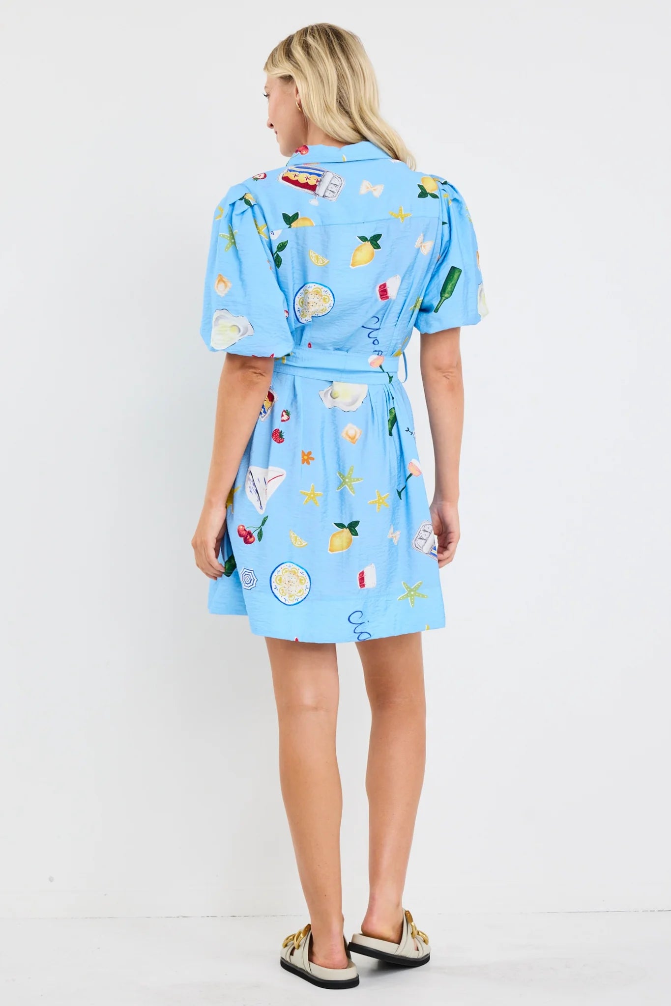 Sundown Blue Holiday Puff Short Sleeve Mini Shirt Dress