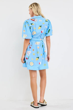 Sundown Blue Holiday Puff Short Sleeve Mini Shirt Dress
