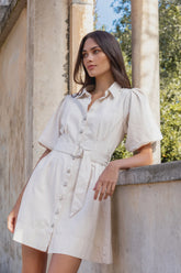 Sundown Ecru Denim Puff Sleeve Mini Shirt Dress
