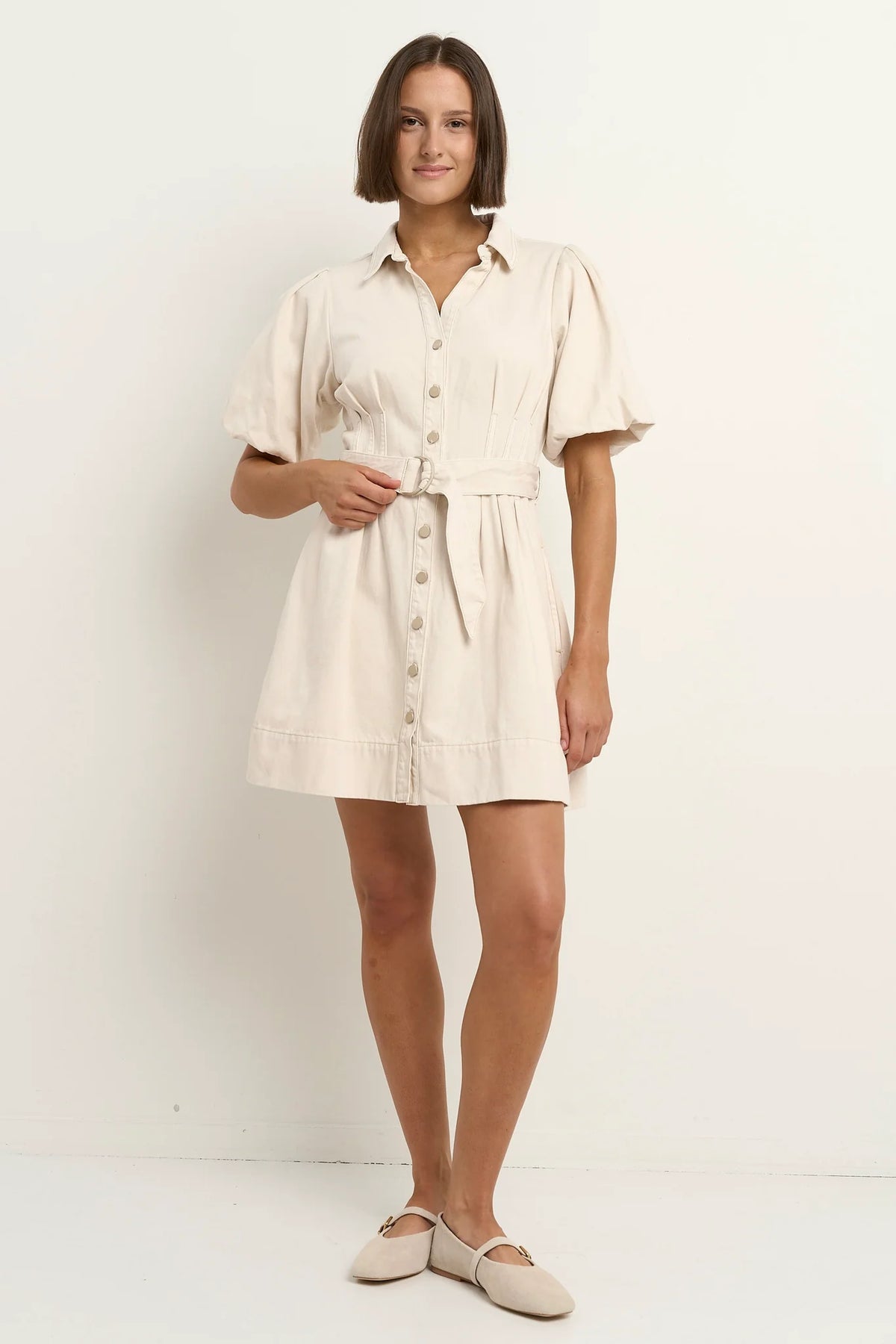 Sundown Ecru Denim Puff Sleeve Mini Shirt Dress