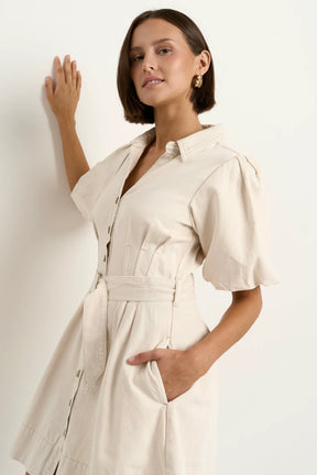 Sundown Ecru Denim Puff Sleeve Mini Shirt Dress