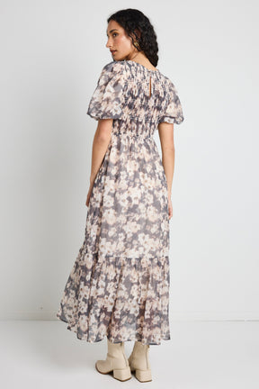 Vacancy Chocolate Floral Puff Sleeve Shirred Maxi Dress