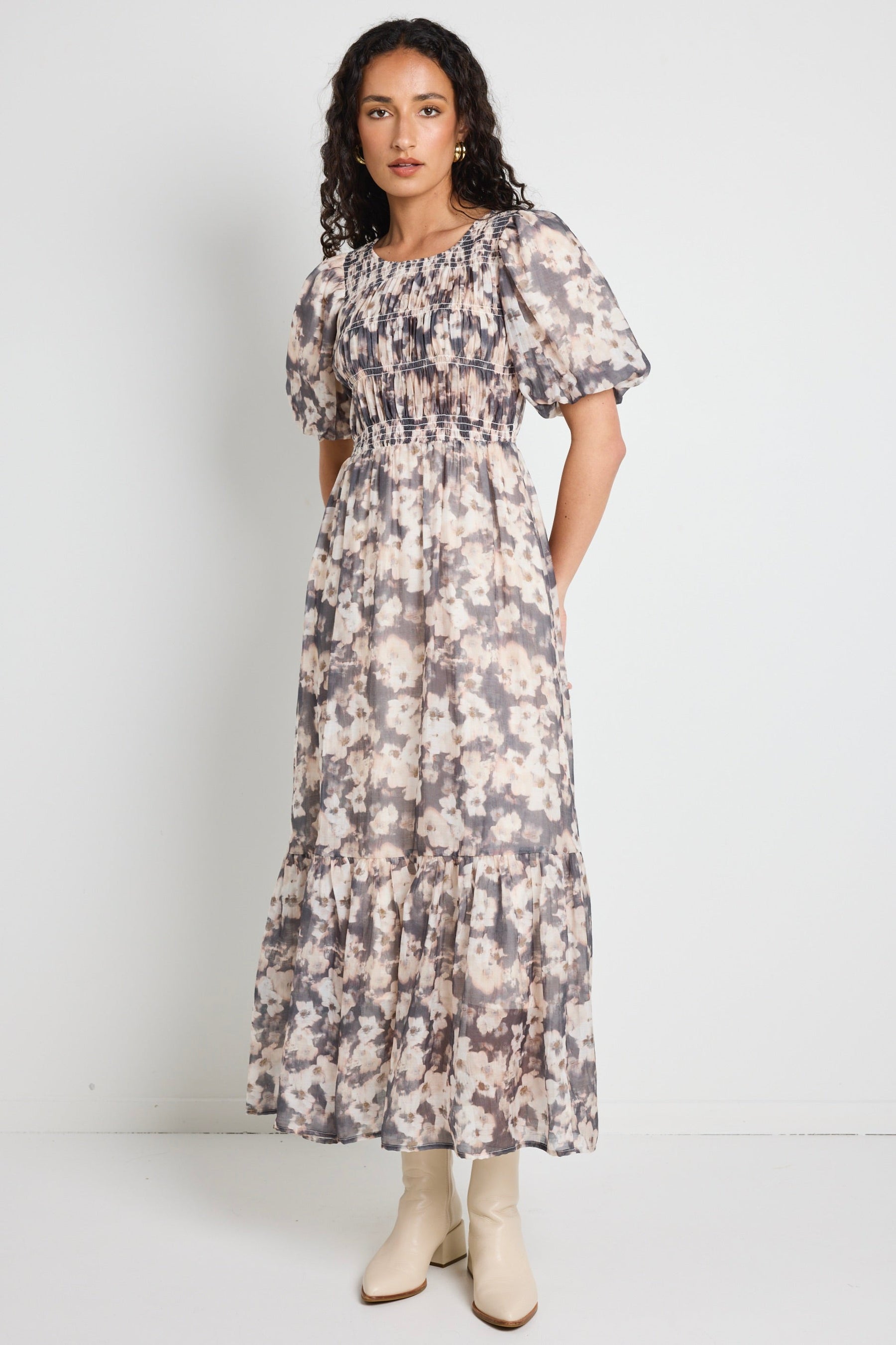 Vacancy Chocolate Floral Puff Sleeve Shirred Maxi Dress