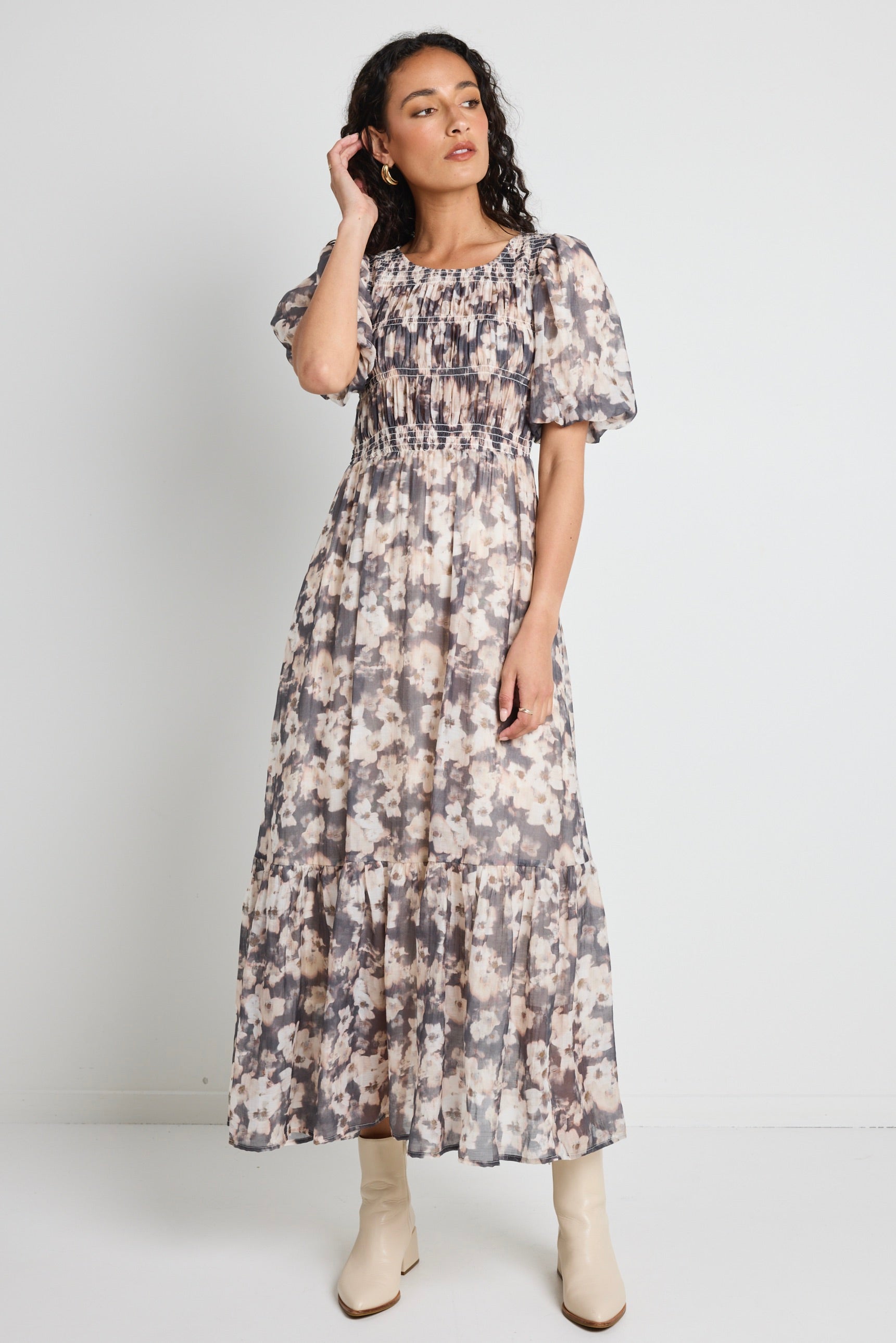 Vacancy Chocolate Floral Puff Sleeve Shirred Maxi Dress