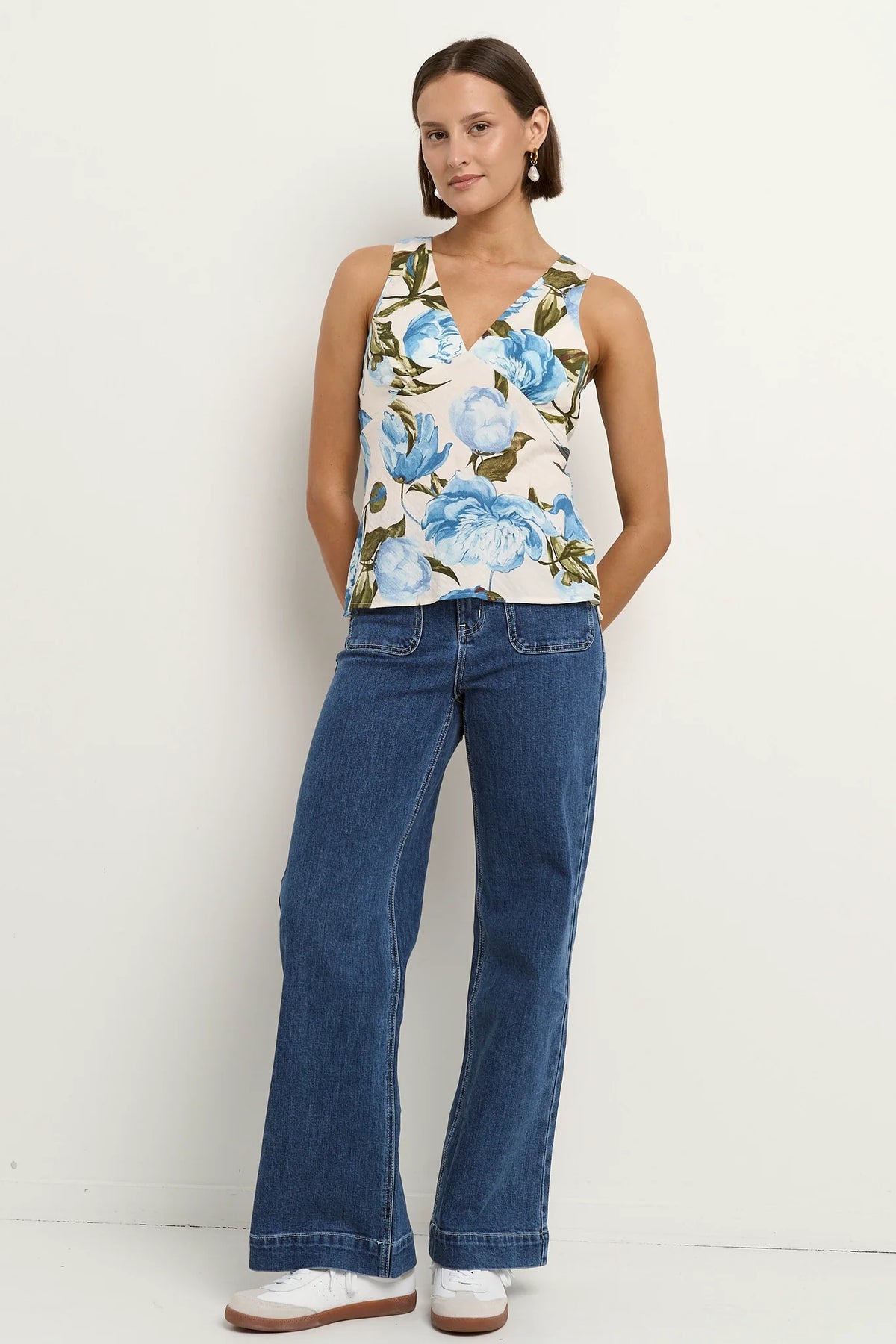 Vienna Blue Vintage Floral V Neck Sleeveless Top Regular Price