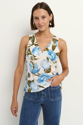 Vienna Blue Vintage Floral V Neck Sleeveless Top Regular Price