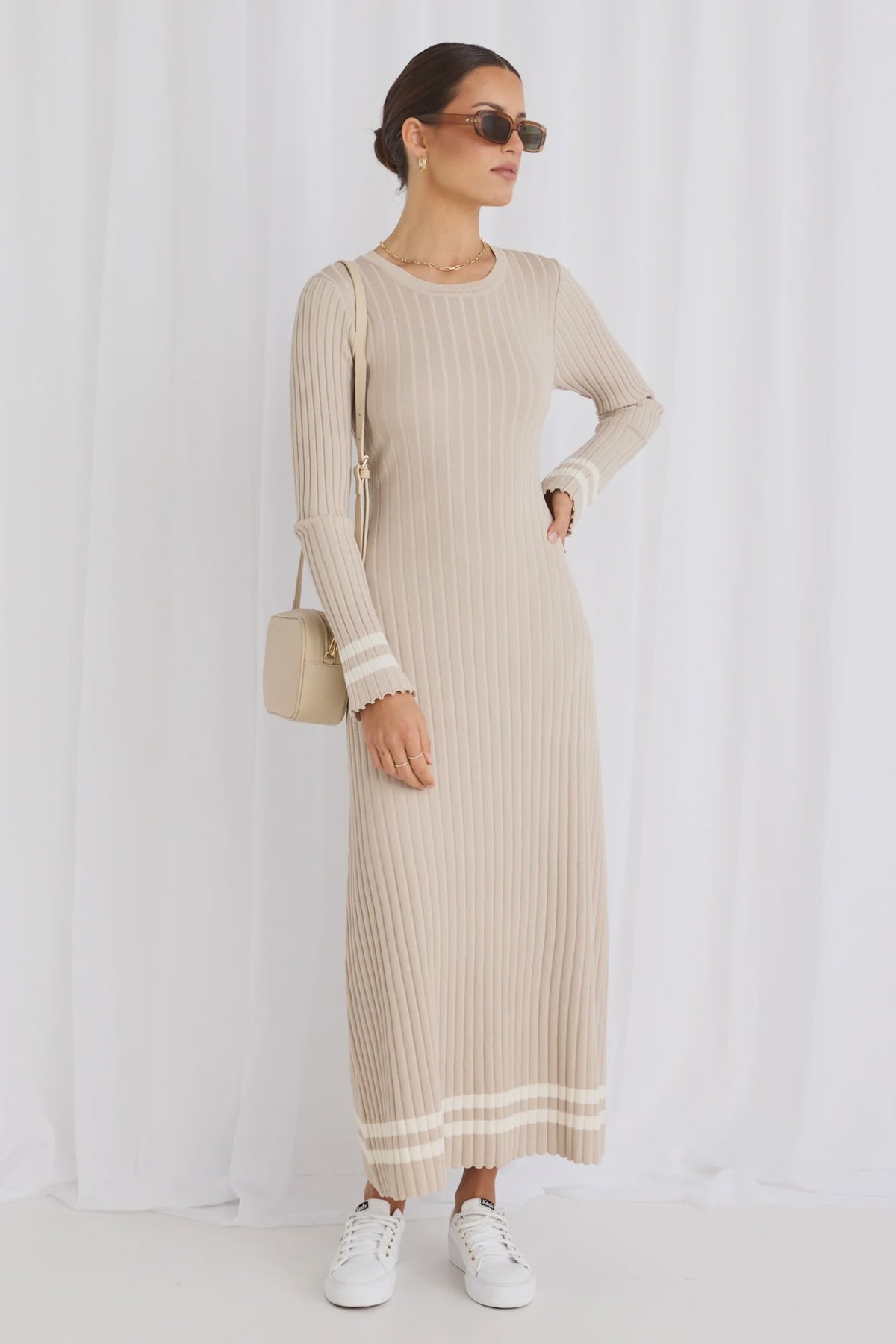 Willow Taupe Stripe LS Crew Neck Maxi Knit Dress