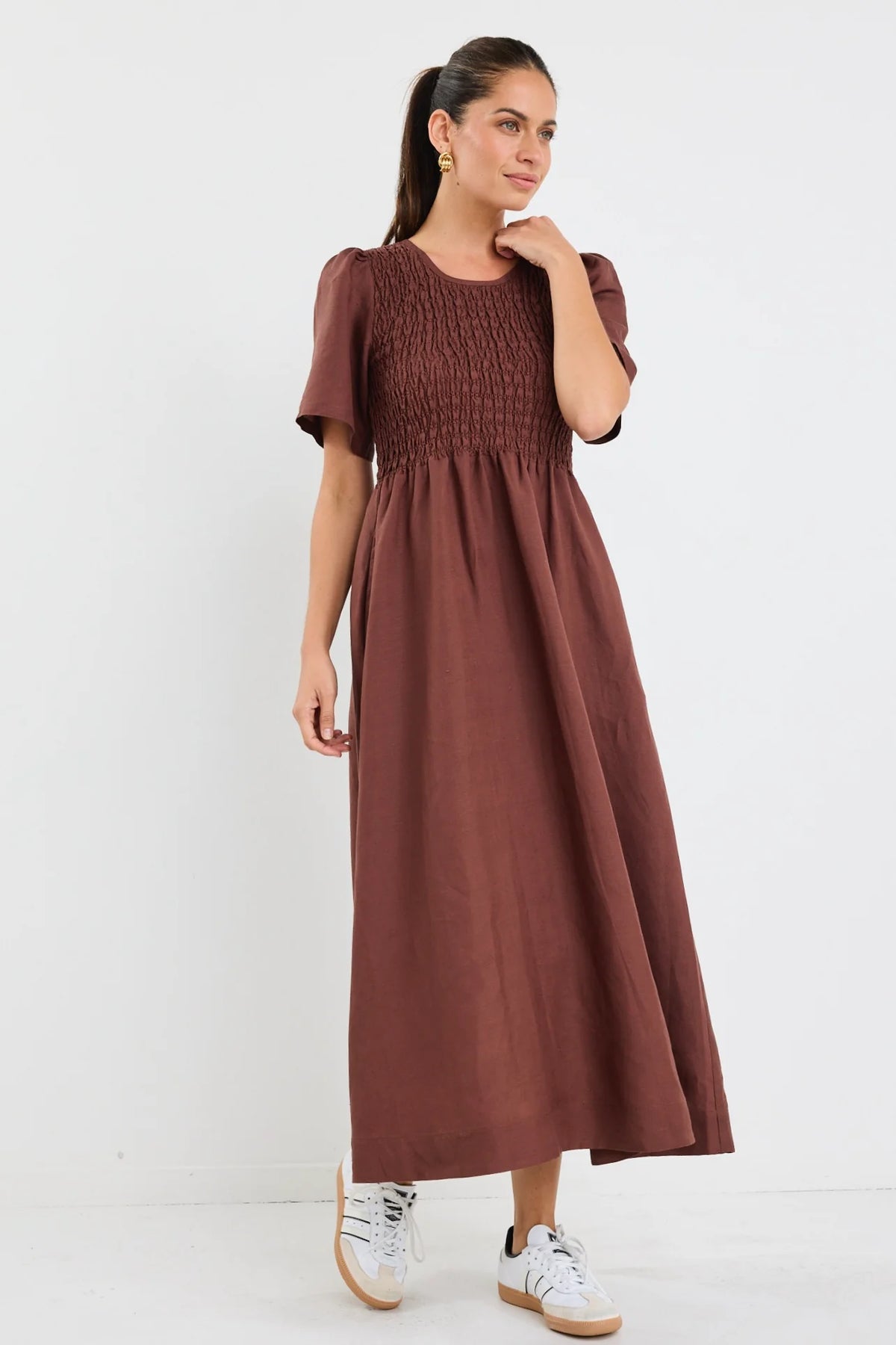 Wren Chocolate Linen Blend SS Shirred Bodice Midi Dress