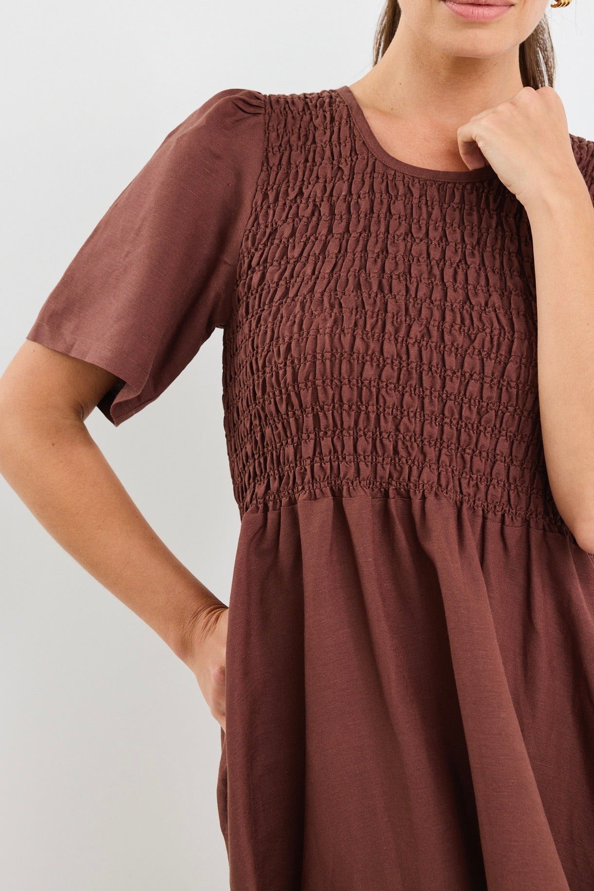 Wren Chocolate Linen Blend SS Shirred Bodice Midi Dress