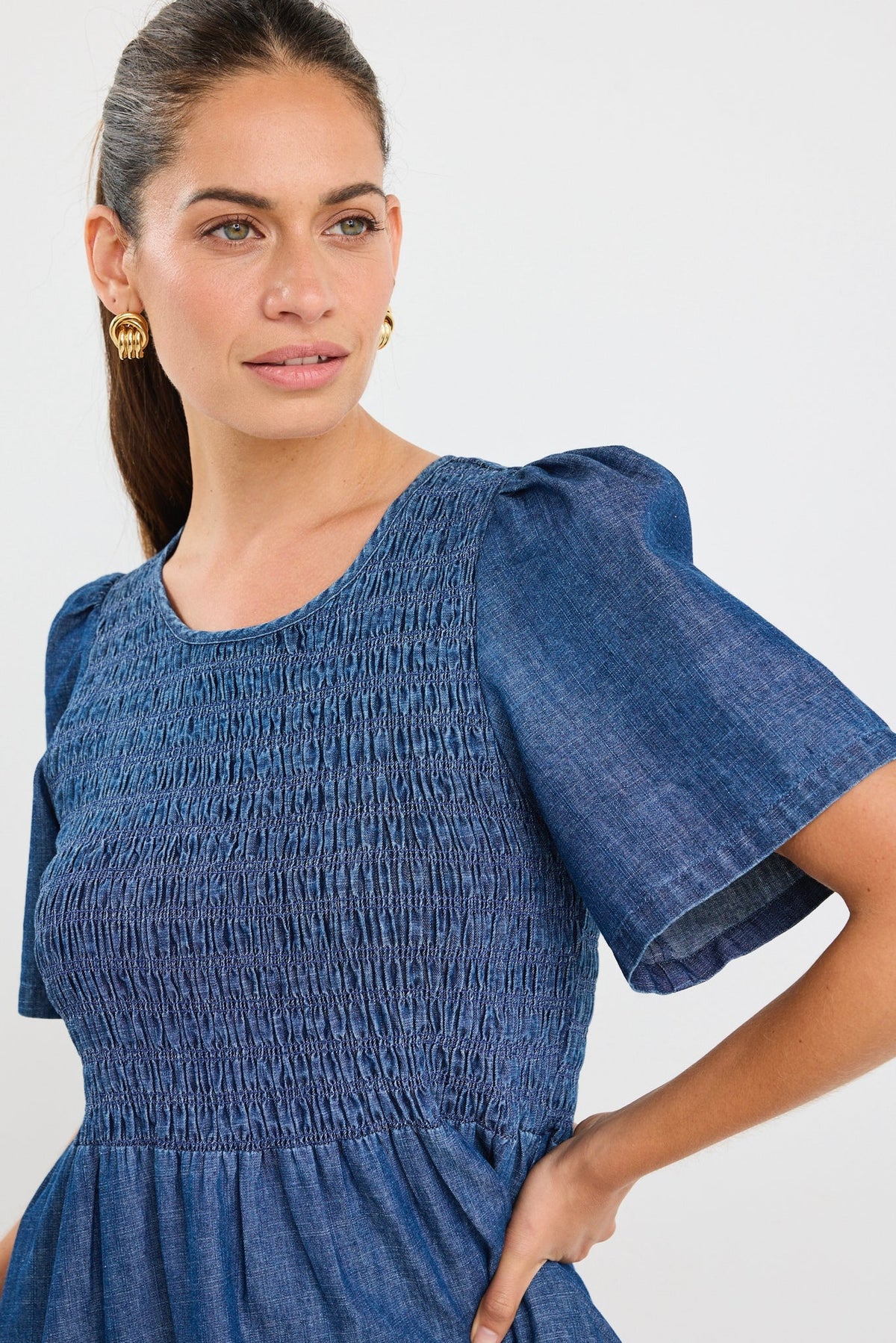 Wren Storm Blue Cotton SS Shirred Bodice Midi Dress