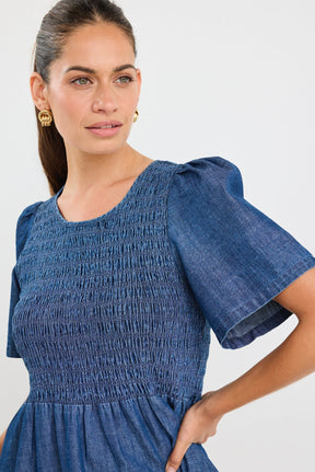 Wren Storm Blue Cotton SS Shirred Bodice Midi Dress